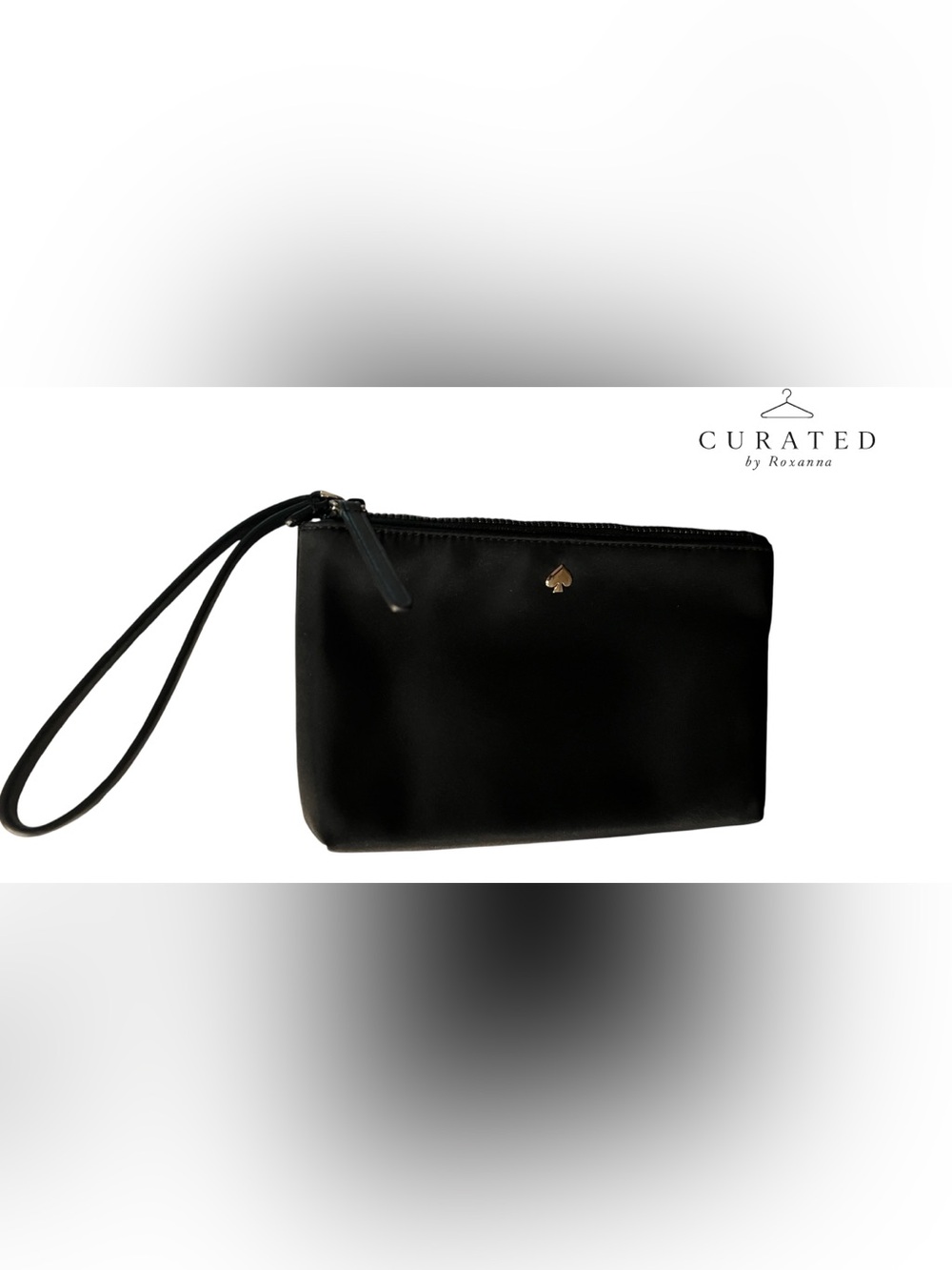 Kate Spade Black Nylon Wristlet Zip Pouch Clutch Gold Spade Logo EUC